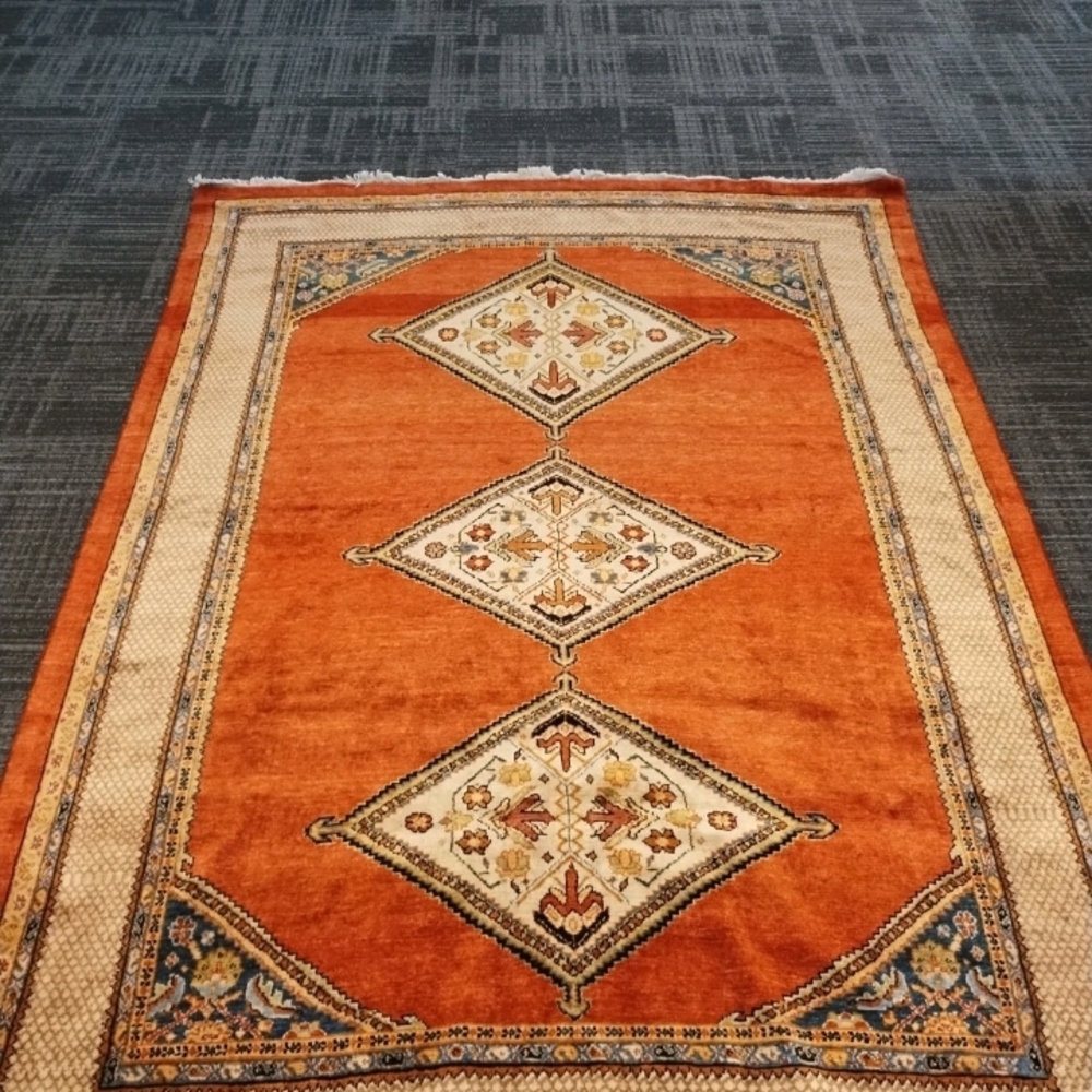 Orange and Cream Area Rug Antique Hand Knotted Medallions Rug c.1900 (6x8)